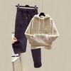 Women's Korean-Style Fleece-Lined Sweatshirt & Nine-Point Wool Pants Set