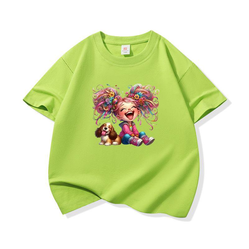 Kids Cotton T Shirt Rainbow Hair Laughing Girl Sitting With Puppy Print Crew Neck Short Sleeve Tee Casual Boys Girls Summer Tops