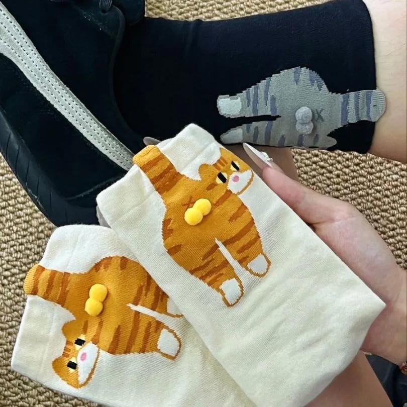 Cute Cartoon Cat Socks with Balls Kawaii Cotton Sock Breathable Soft Socks Girl Women Socks Creative Gifts for Cat Lovers Sox