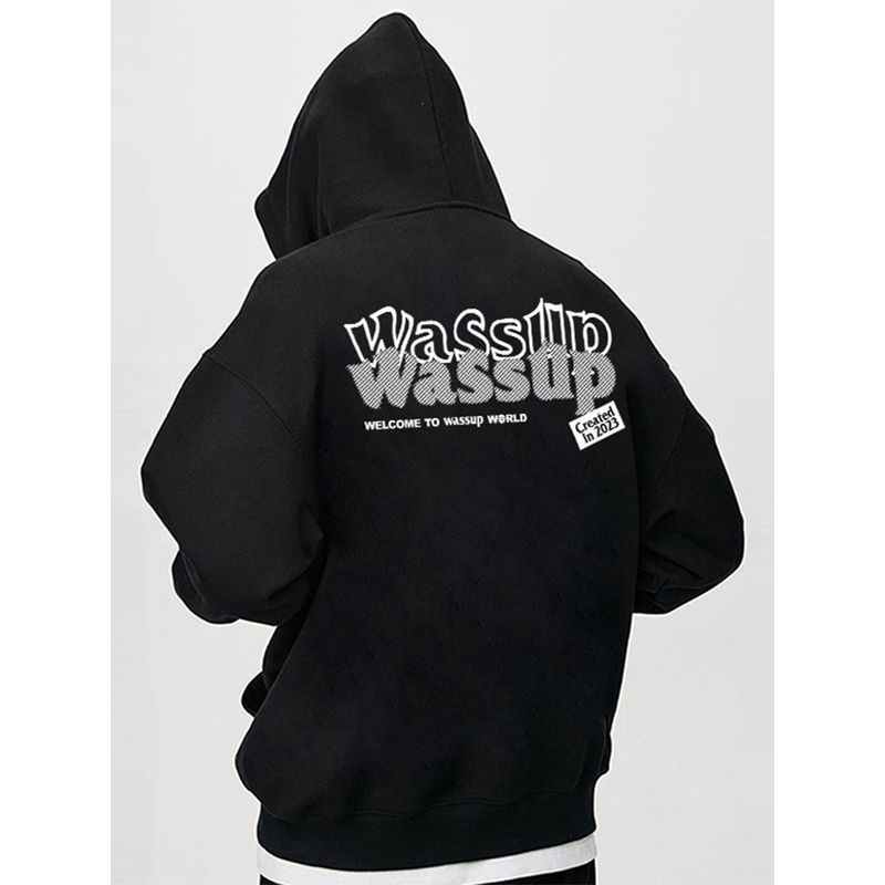 Wassup Trendy Brand Letter Sweatshirt Men's Hoodie Autumn and Winter Fleece Loose American Casual Couple Tops Jacket