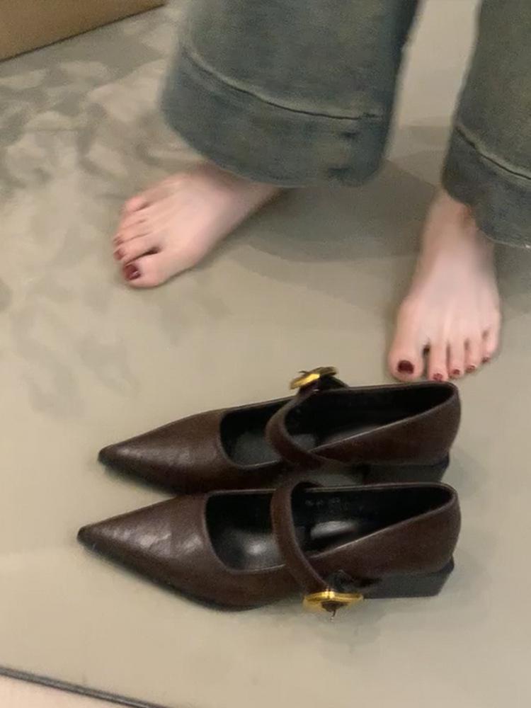 Retro Pointed Thick Heel Single Shoes Women's Black Temperament High Heels One-word Buckle Mary Jane Shoes