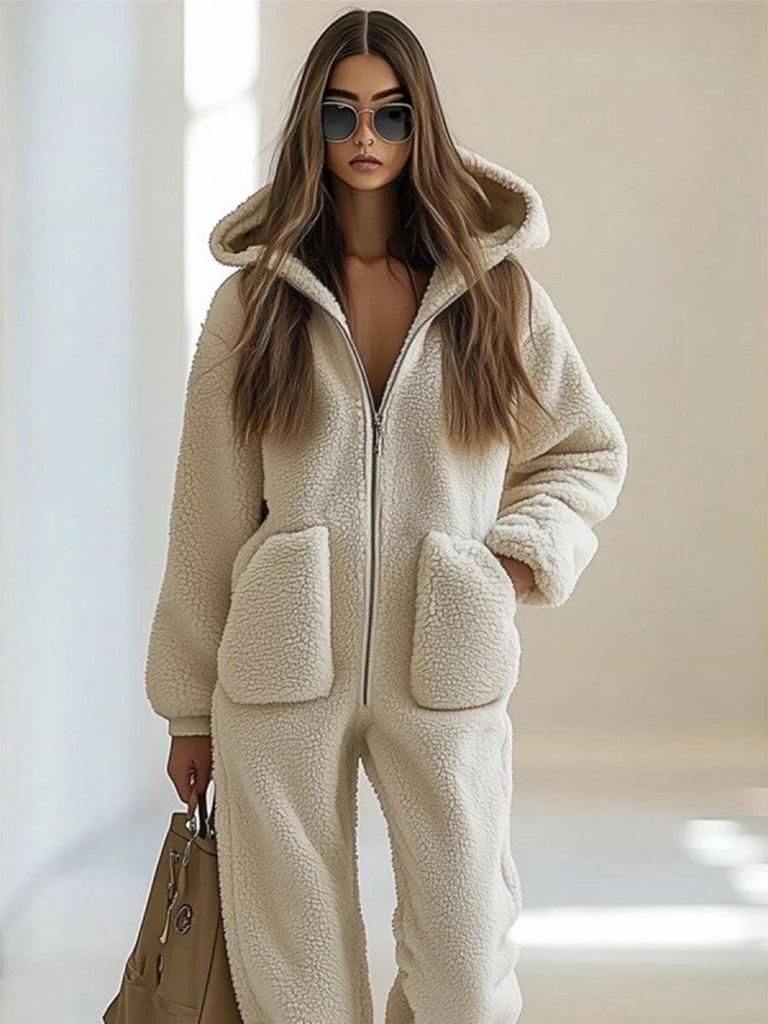 2025 Lambswool Hooded Zipper Jumpsuit: Winter Fashion