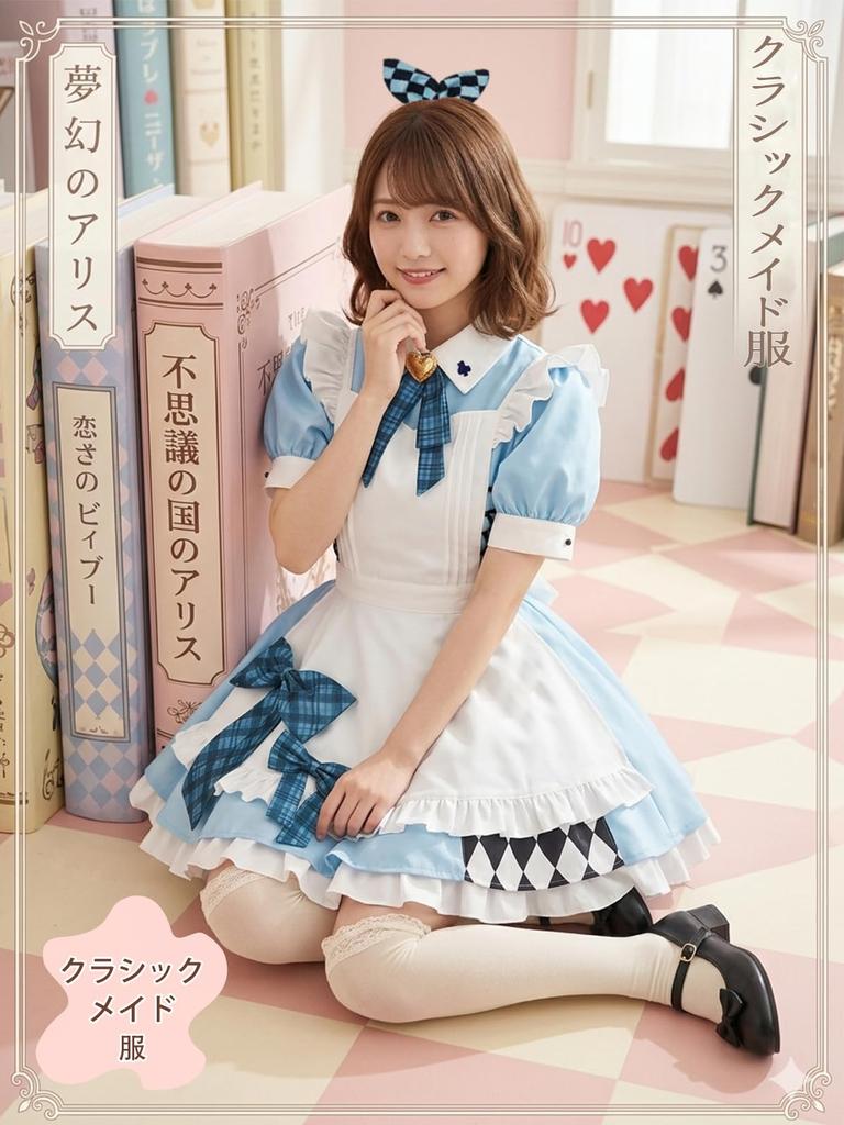 [KALAOK] Maid Outfit with Petticoat 5-Piece Set Lolita Dress Apron Maid Cafe School Festival Event Blue M
