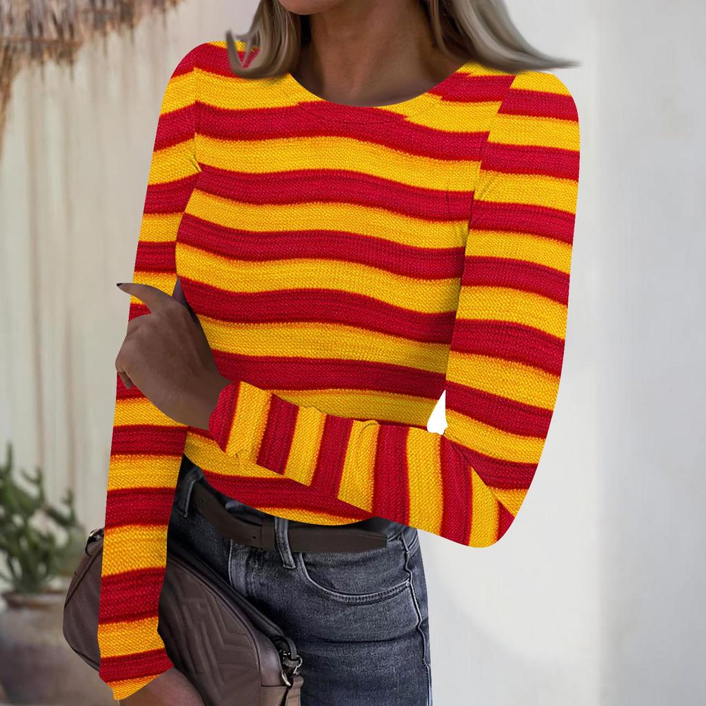 Women's Casual Fashion Round Neck Striped Print Long Sleeve Ribbed Top