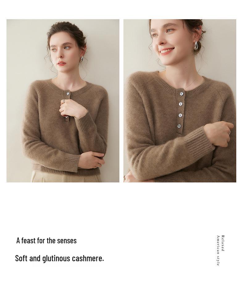 Autumn/Winter Women's Cashmere Knit Slimming Round Neck Button Sweater
