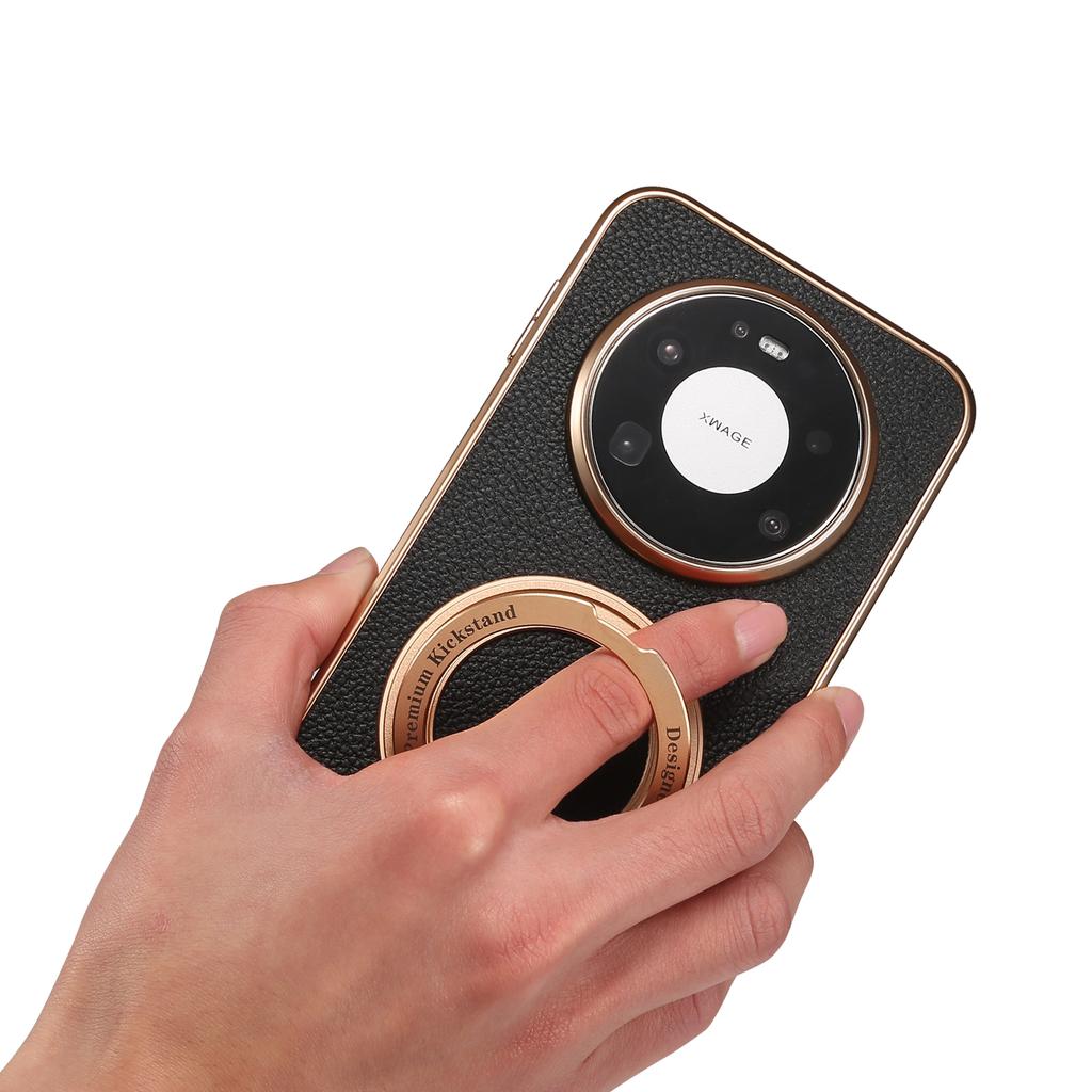 Denior PU Litchi Texture Rotating Stand Electroplated Mobile Phone Bags Magnetic Ring Holder Compatible for Mate 80 Series