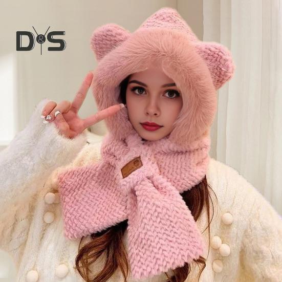 Women Winter Integrated Hat And Scarf Thick Fleece Warm Cartoon Fox Ear Decor Windproof Full Protection Outdoor Travel Cold Weather Snowboarding