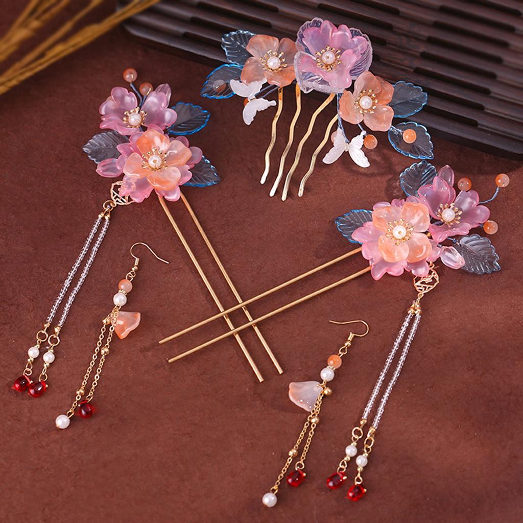Han Chinese Clothing Hair Crown Hairpin Glazed Flower Decor Crystal Vintage Headpiece for Han Cloth Matching Hair Accessory