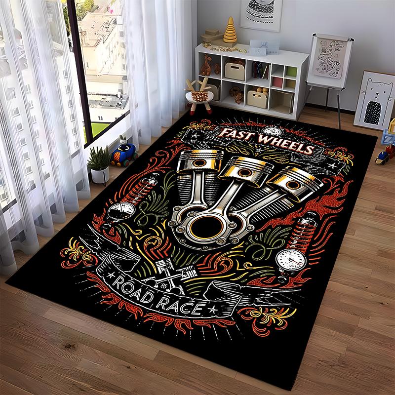 Fast Wheels Printed Carpet with Engine Design and Road Race Theme Suitable for Use As an Anti-slip for Living Room Bedroom Sofas