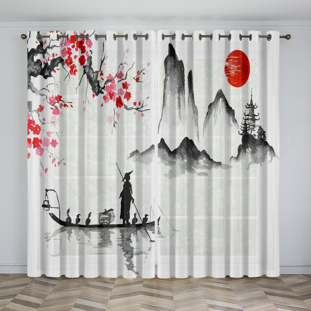 Chinese Style Natural Scenery Curtains Mountains Rivers Lakes Flowers Plants Elegant Curtains 2 Panels Living Room Bedroom Decor