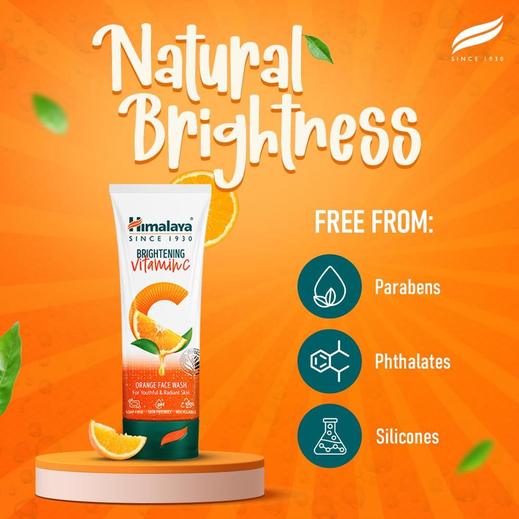 Himalaya Brightening Vitamin C Orange Face Wash 100ml Natural Radiance Boosting Cleanser for Dull Skin Removal