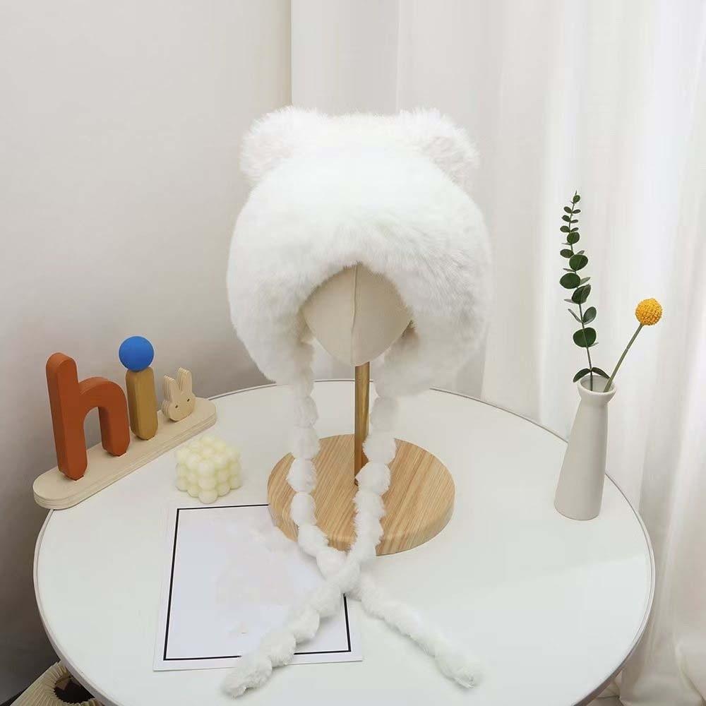 Fleece Lined Fleece Knit Beanie Fur Brim Earflap Winter Cap Pompom Braids Hat  Skiing