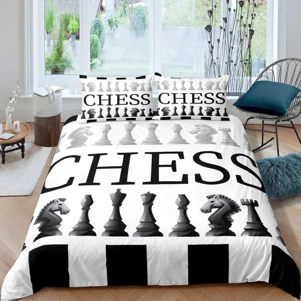 Chess Duvet Cover Set Chess Sports Games Bedding Sets Buffalo Plaid Check Comforter Cover Flowers Checkerboard Quilt Cover Queen
