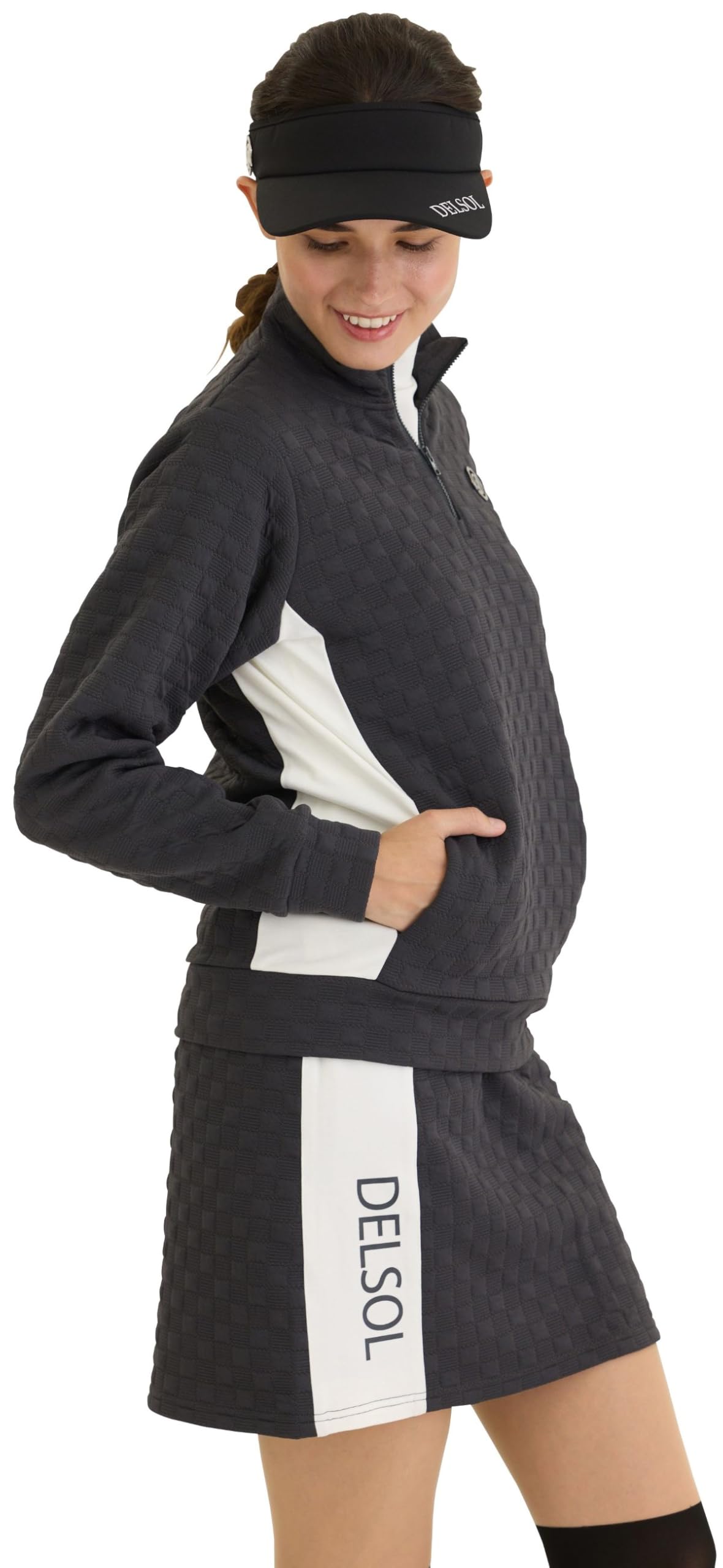 

Комплект с длинным рукавом Delsol 7905 Ripple 2025 для гольфа, эластичный, с юбкой Ripple Plus и 4L на молнии до половины (ГРИ) Женская одежда Осень/Зима, Талия, Узор, Молния до половины, серый