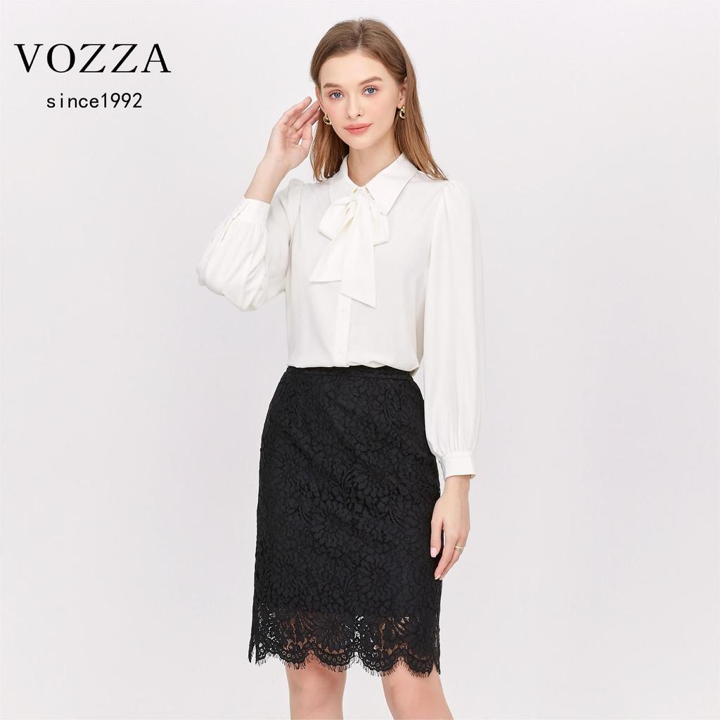 VOZZA Chiffon Blouse with Detachable Ribbon Solid Suitable for Job Entrance Shirt Women's Tie, No-Iron, Color, Office, Hunting, Recruitment, Ceremony,