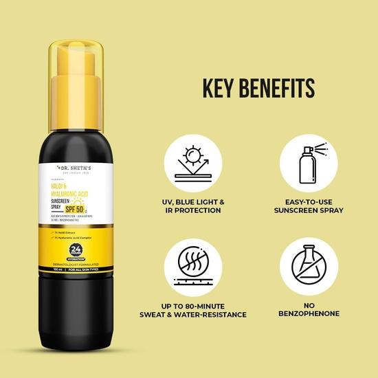Dr. Sheth's Haldi & Hyaluronic Acid Sunscreen Spray|Spf 50+ Pa++++|Lightweight, Non-Greasy|24 Hours Hydration, Non-Comedogenic|100Ml