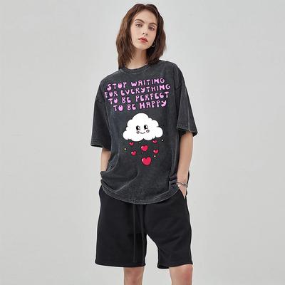 T-shirt Femme Amour Nuage Imprimé Chérie Ample Unisexe Couple Manches Courtes Y2K Vêtements Mignon Fille Haut Quotidien