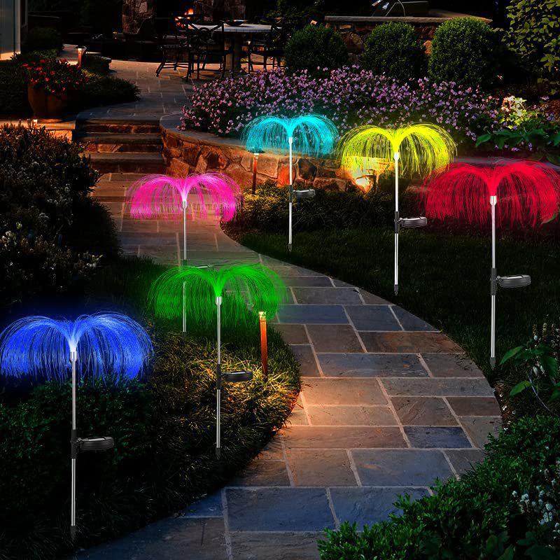 Solar Jellyfish Garden Lights Outdoor Waterproof 7 Color Changing Fiber Optic Solar Landscape Pathway Stake Lamps for Yard Lawn Wedding Holiday Decor