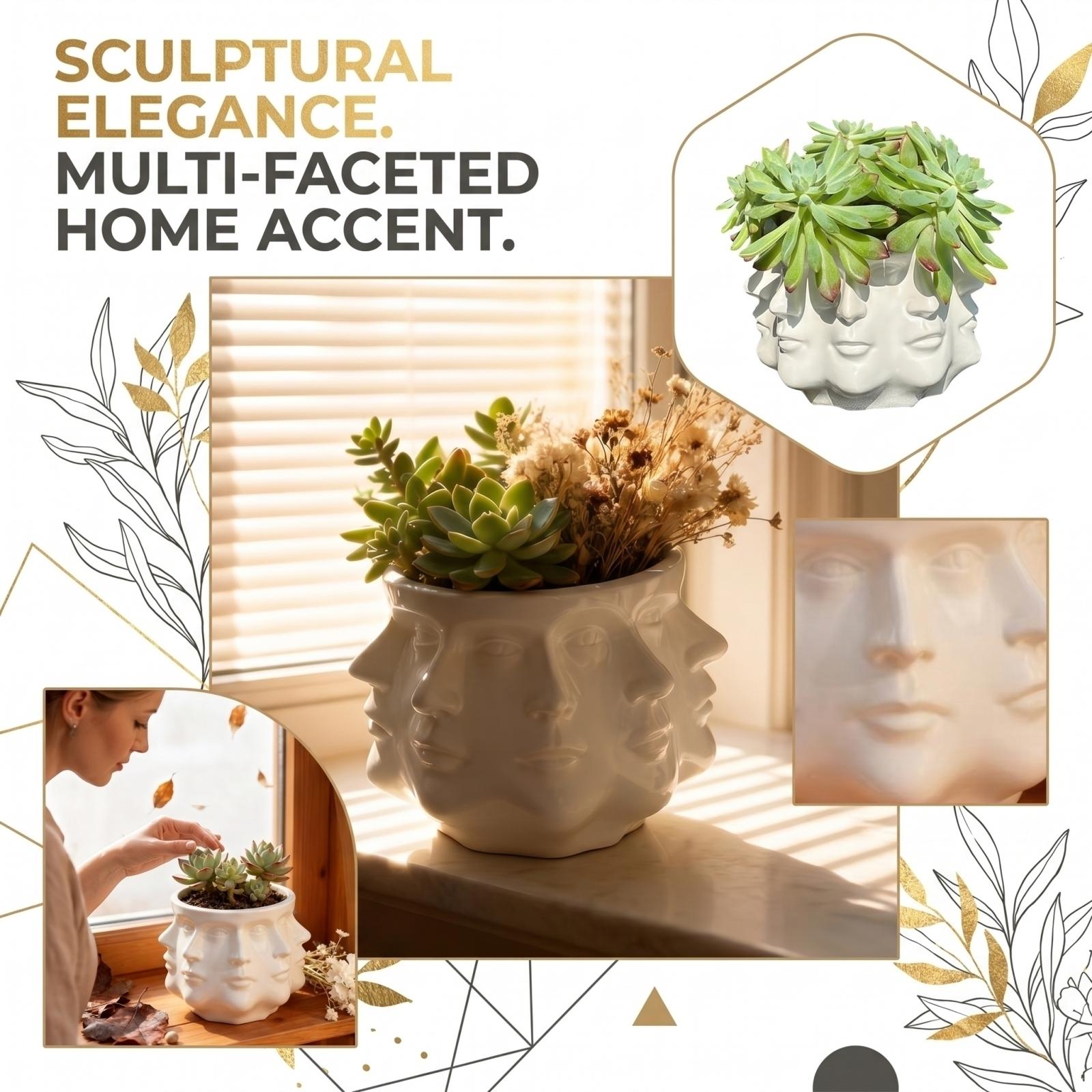 

Creative Multi-Face Ceramic Planter Pot Decorative Sculpture for Indoor Outdoor Use Unique Tabletop Plant Holder for Succulents and Small Plants one size білий