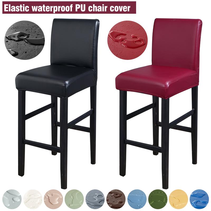 Waterproof Pu Bar Stool Chair Cover With Backs Dining Chair Slipcovers Removable Furniture High Chair Seat Cover Elastic Bottom