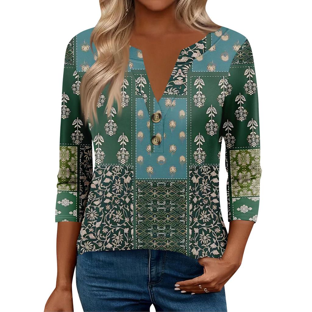 3/4 Sleeve Womens Tops For Women Henely Tops Button V Neck Loose Fit Dressy Womens Summer Tops