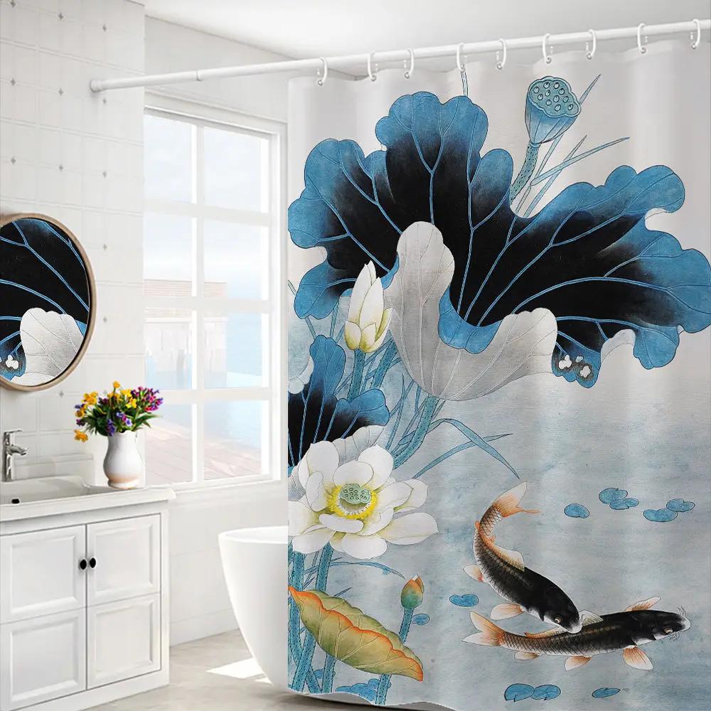 Purple Hydrangea Flower White Shower Curtain Landscape 3D Green Plant Waterproof Polyester Bathroom Curtains Bath Screen Decor