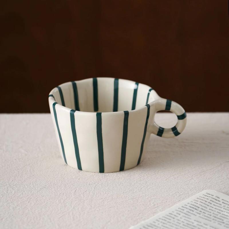 

1Pc 10.5oz Nordic Geometric Striped Ceramic Mug, Exquisite Hand-Painted Round-Mouth Handle Cup, Simple Striped Coffee Cup, 201-300ml