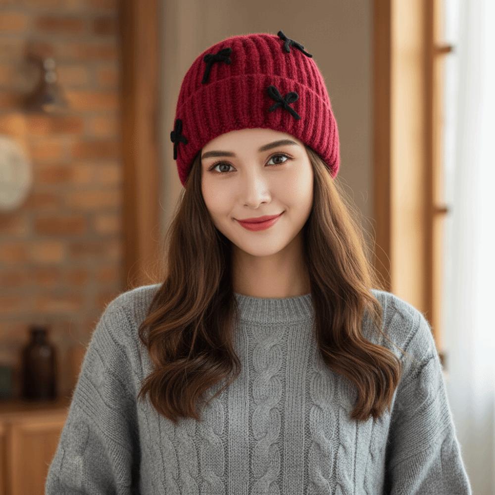 Bowknot Knitted Beanie Hat Thick Korean Sweet Bow Hat Fashion Woolen Pullover Hat Girls
