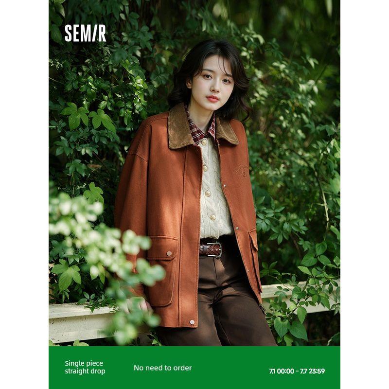 

Senma Outwear Women s Mid Length Long Length Color Matching Corduroy Lapel Retro 2024 New Arrival Autumn Embroider Loose Jacket Fashion Coffee and white 00351 165/88A/L