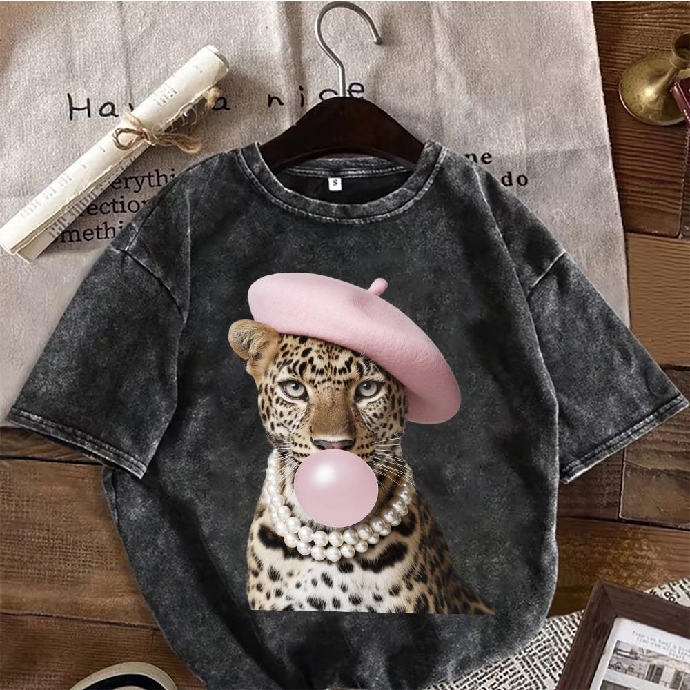 T-shirt Oversize Noir Lavé Vintage Style Léopard Streetwear Coton Manches Courtes Col Rond