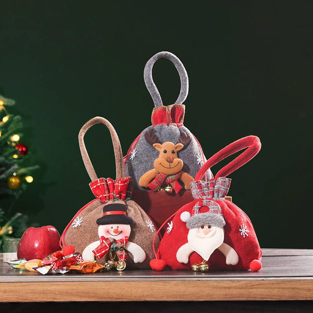 Sacs Cadeaux de Noël Pour Enfants Emballage de Fêtes Portable Grande Capacité Réutilisable Motif Bonhomme de Neige Cerf Père Noël DIY Avec Cordon de Serrage