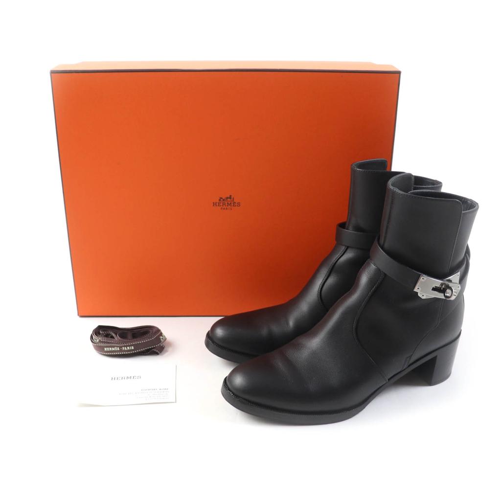 Great HERMES Short Boots Saint Germain Kelly Buckle Black Leather Women 36 Used