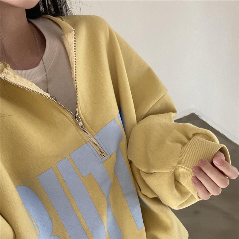 Felpa da Donna con Mezza Zip Stampa Lettere Vestibilità Larga Casual Collo Alto Pullover