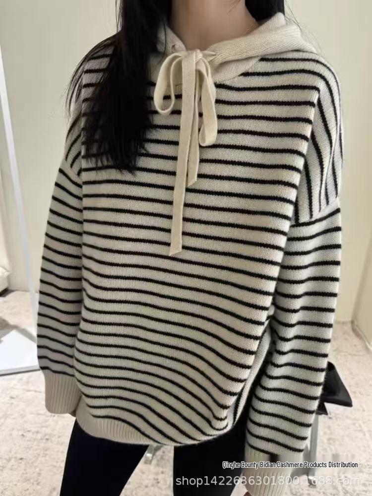 Korean Style Women's Color Block 100% Wool Striped Hooded Sweater, Winter Mid-Length Slimming Hoodie