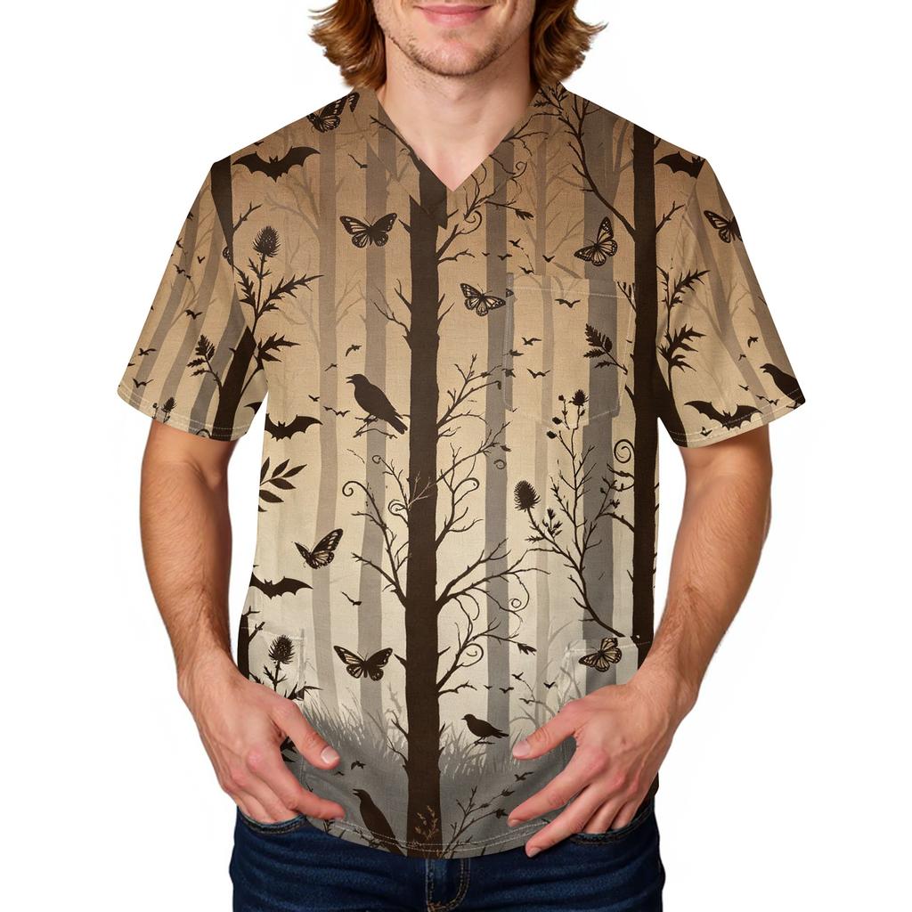 Herren Halloween Print Medizinische Kasack-Oberteil V-Ausschnitt mit Bindeband Taschen Bequeme Passform Tägliche Arbeitskleidung für medizinisches Fachpersonal