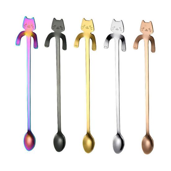 Cartoon Cats Long Handle Stainless Steel Coffee Tea Hanging Spoon Kitchen Supplies