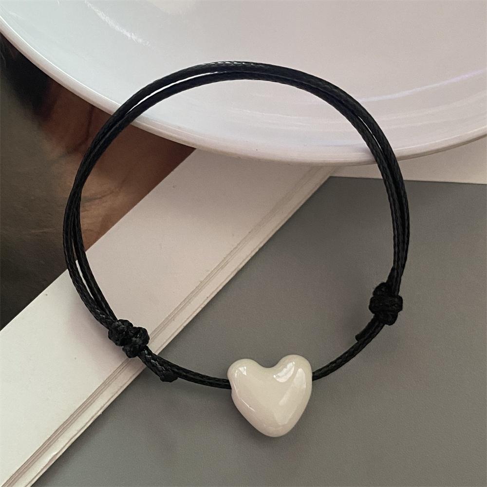 Ceramics Love Heart Bracelet Black Rope Adjustable Hand Bracelet for Girl Women Colorful Shiny Heart Accessories
