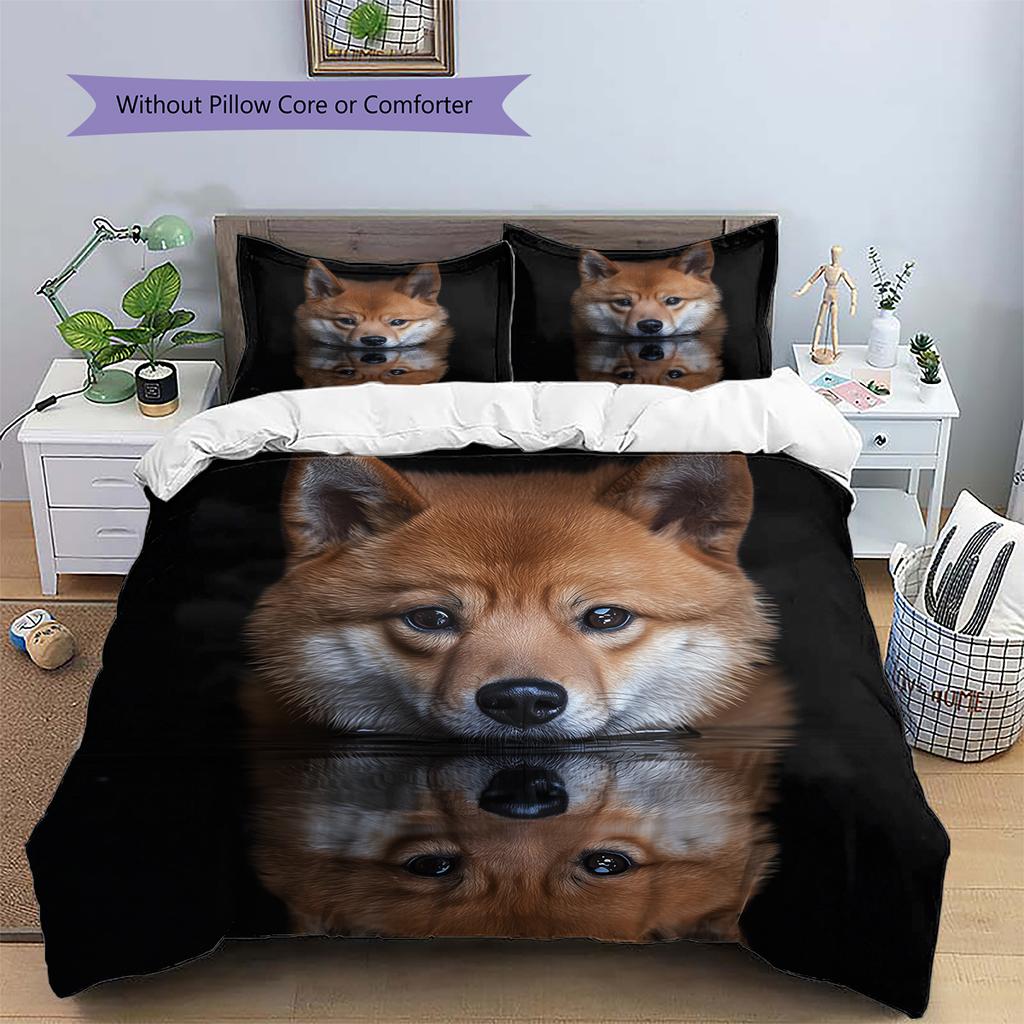 Schwarzes Shiba Inu Muster Bettwäsche Heimdekoration Geburtstagsgeschenk (1 Bettbezug + 2 Kissenbezüge, ohne Füllung)