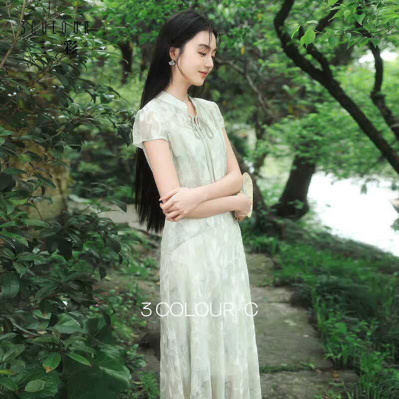 SanCai New Chinese Style Floral A-Line Long Dress M
