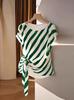 European & American 2025 New Style Women's Short Sleeve Round Neck Striped Tie-Up T-shirt