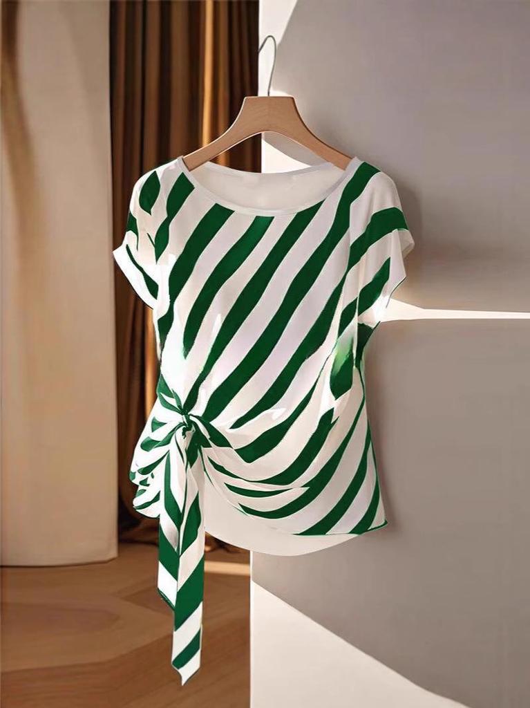 European & American 2025 New Style Women's Short Sleeve Round Neck Striped Tie-Up T-shirt