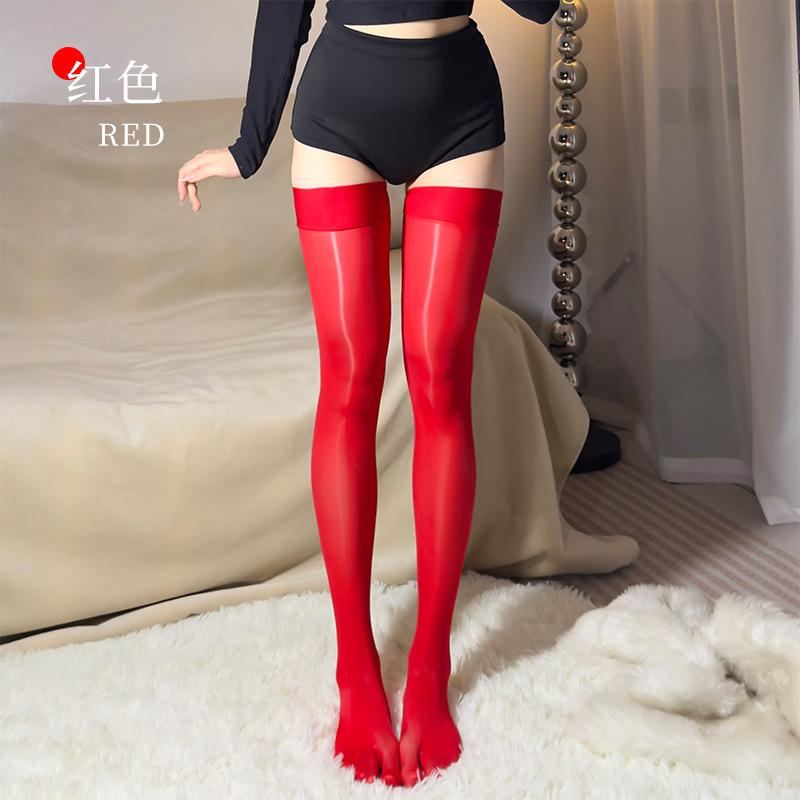 Glossy Thigh-High Toe Socks, Horse Oil Five-Toe Stockings, Ultra-Thin Shiny Over-Knee Black Hosiery for Women