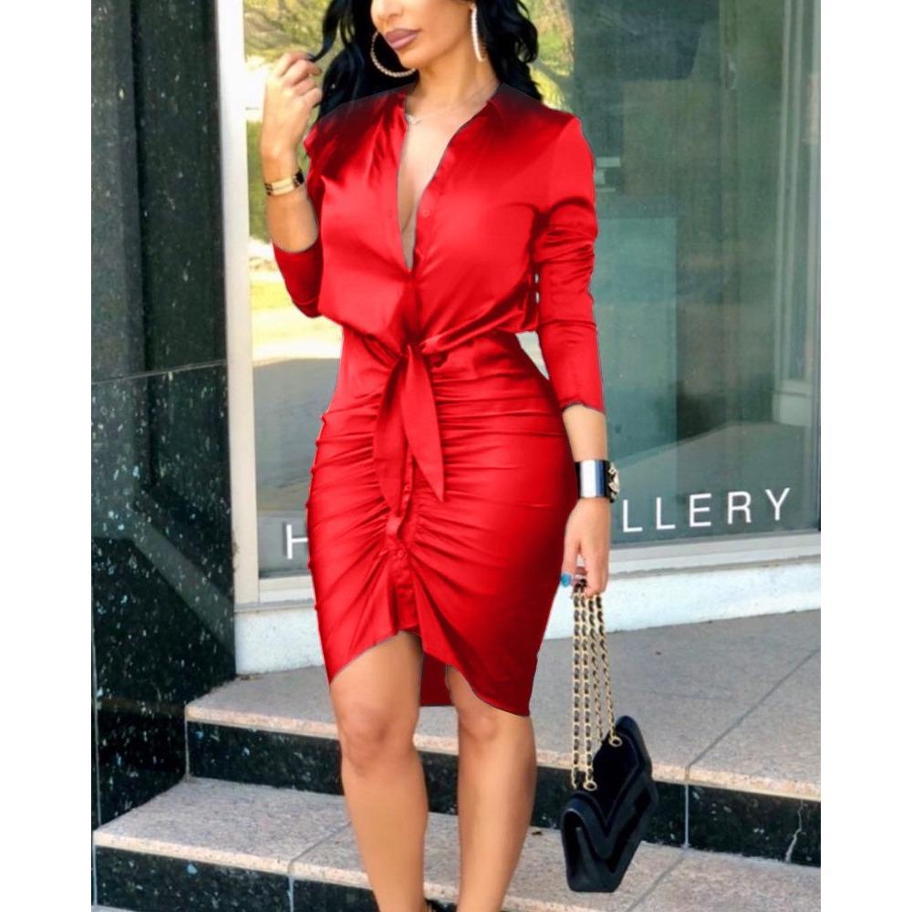 IHUASU Summer V-neck Lace-up Solid Color Long-sleeved Mid-length Shirt Dress Women