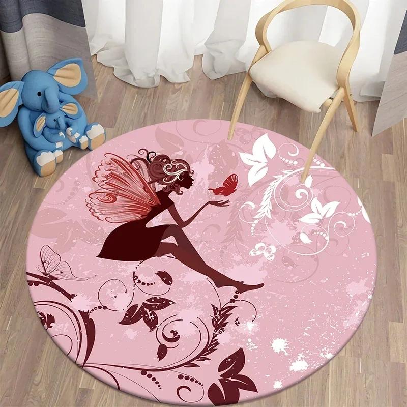 Butterfly Flower Fairy Girl Round Carpet Living Room Rugs Soft Doormat For Children's Room Playroom Decor Kitchen Bath Floor Mat
