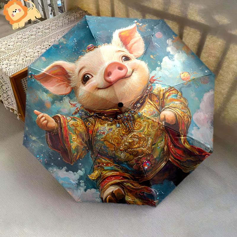 1 Pezzo Ombrello Pieghevole Automatico - Fantasia Maialino, Design Portatile e Pieghevole con 8 Stecche, Regali di Natale e Compleanno