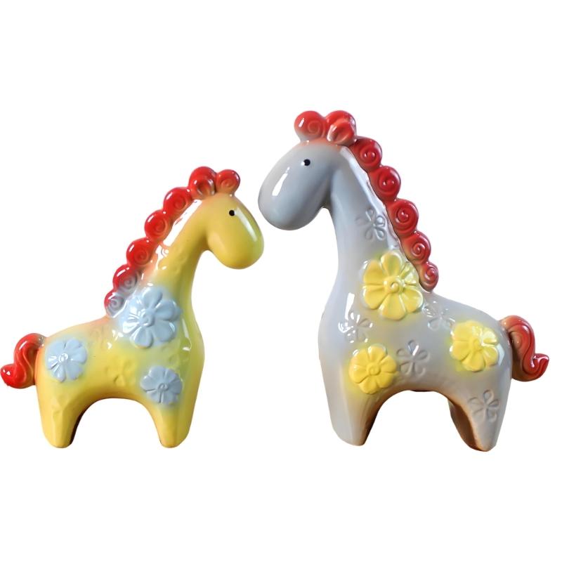 2 Pack Glazed Ceramic Decors Farm Animal Figurine Floral Textured Table Accent for Shelf Cabinet Entryway Living Room and Desk Display