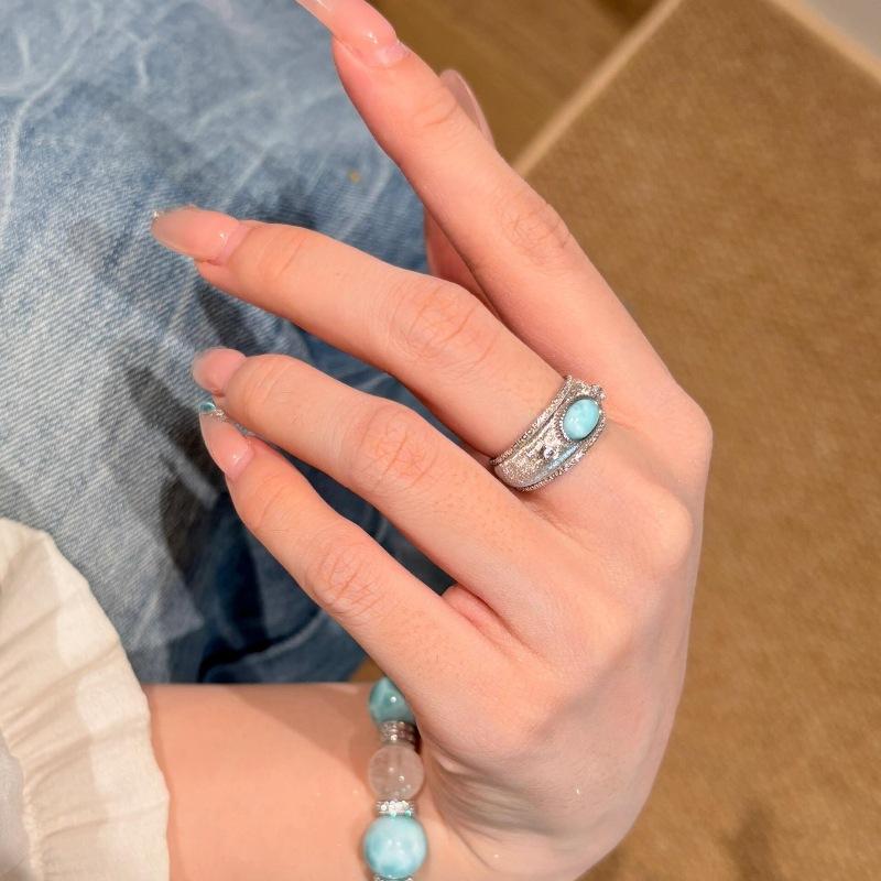 Vintage Medieval Light Luxury High-End Brushed Diamond-Set Turquoise Ring Niche Design Heavy Industry Wide Version Ring