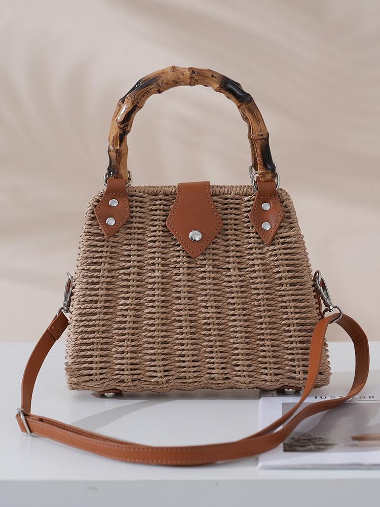 Borsa intrecciata in paglia vintage con manico in bambù, Borsa a tracolla e a mano 2 in 1, Borsa tote bohémien da donna per il pendolarismo