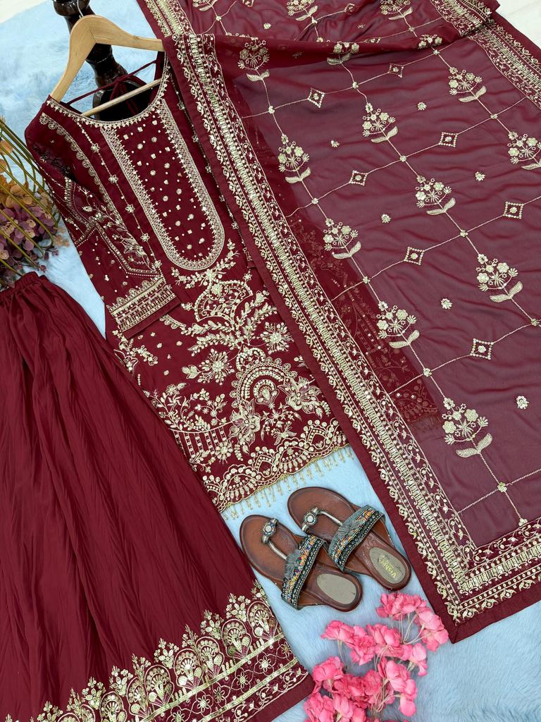 Women Maroon Sharara Salwar Suit Indian Pakistani Designer Salwar Kameez Bollywood Party Wear