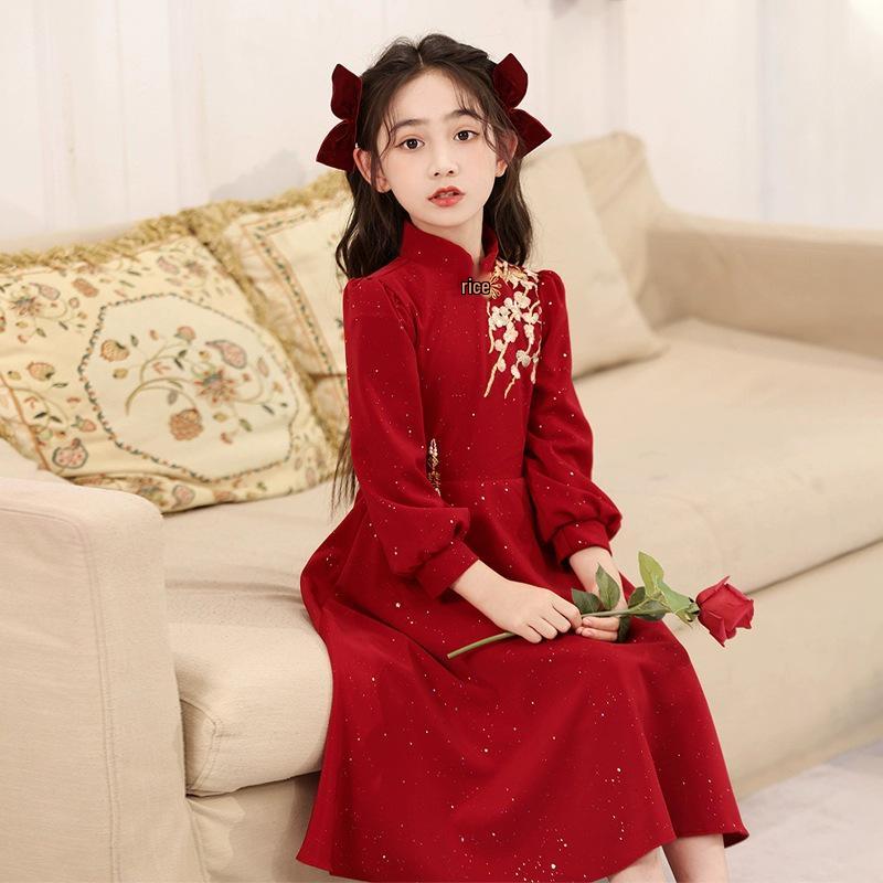 Fashionable Red New Year Princess Dress for Girls, Medium-Large, Autumn/Winter Lady-like Style